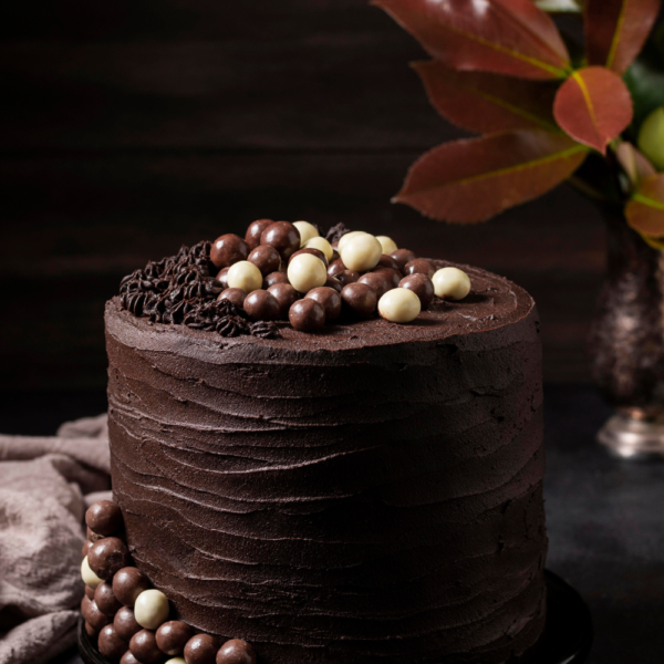 Rich chocolate cake topped with white & milk chocolate balls—perfect for elegant chocolate lovers.